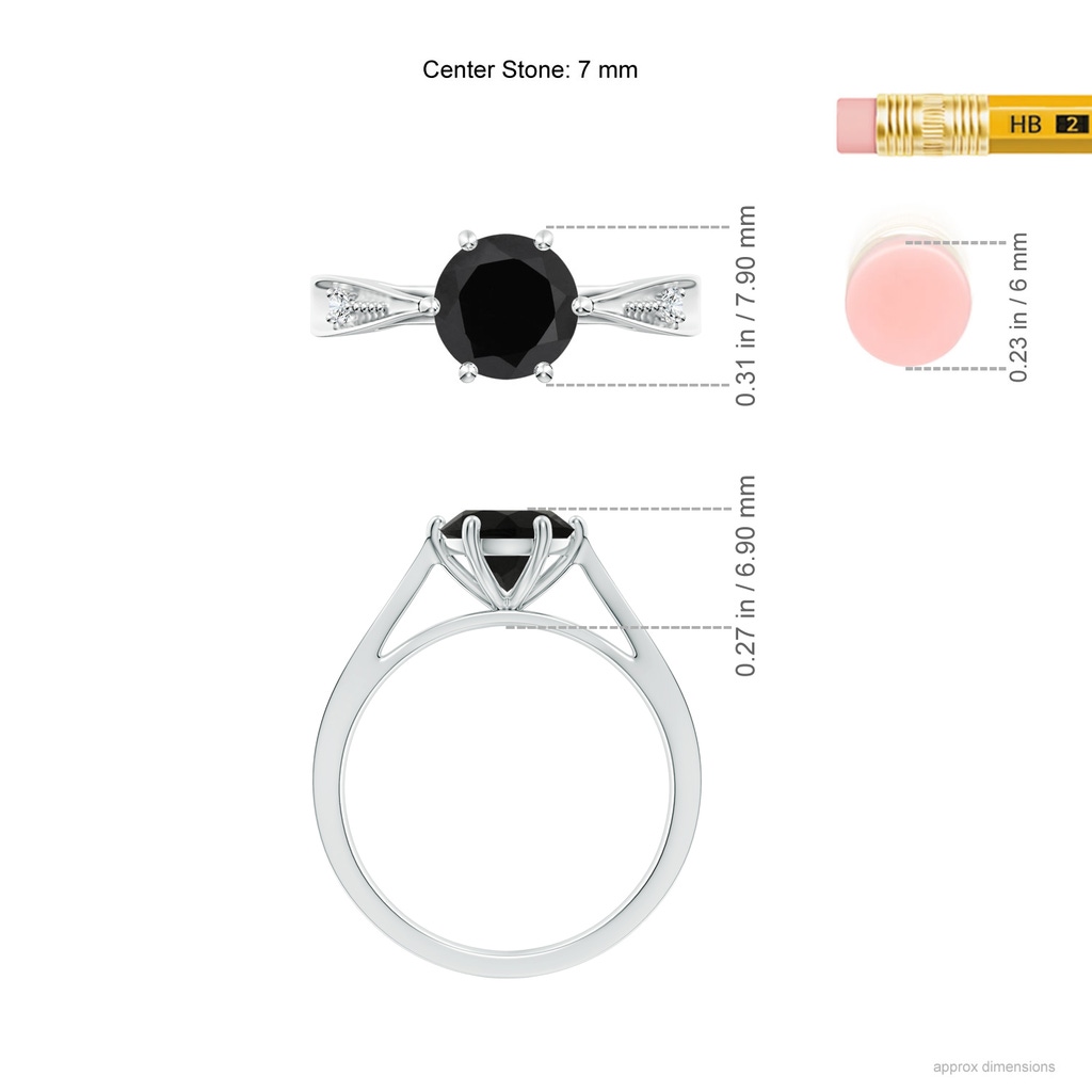 7mm AAA Tapered Shank Black Onyx Solitaire Ring with Diamonds in White Gold Ruler