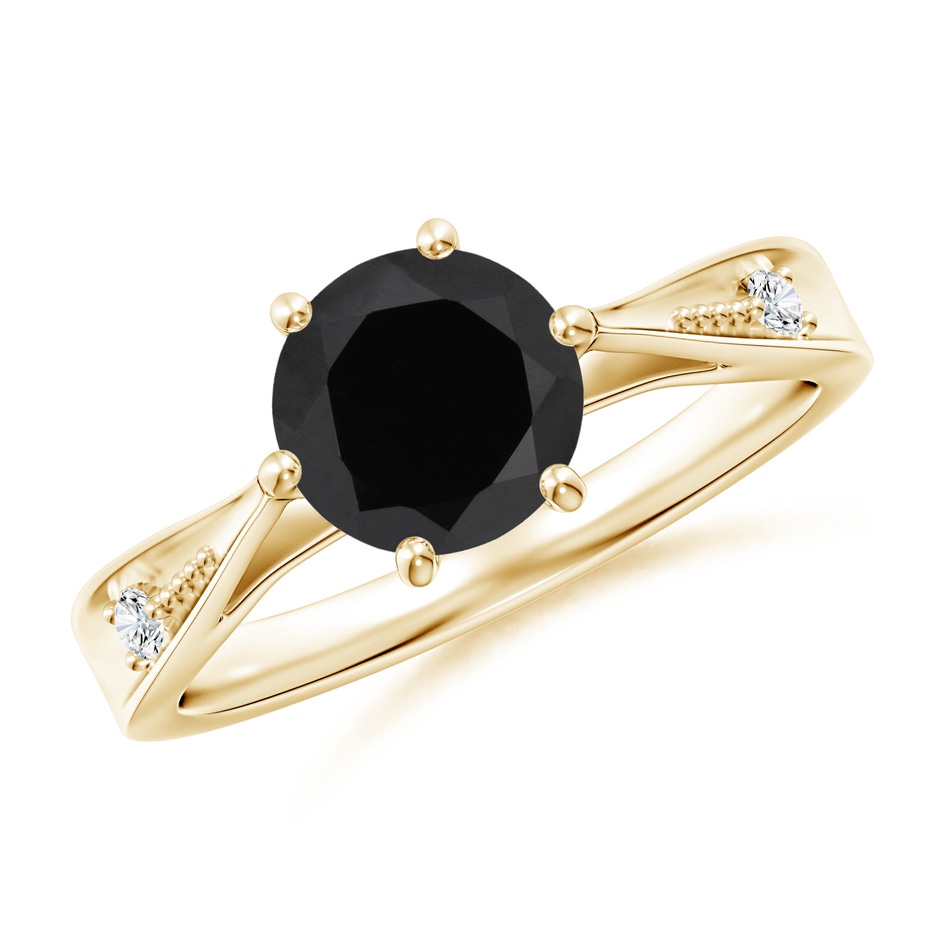 7mm AAA Tapered Shank Black Onyx Solitaire Ring with Diamonds in Yellow Gold 