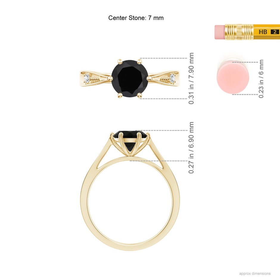 7mm AAA Tapered Shank Black Onyx Solitaire Ring with Diamonds in Yellow Gold ruler