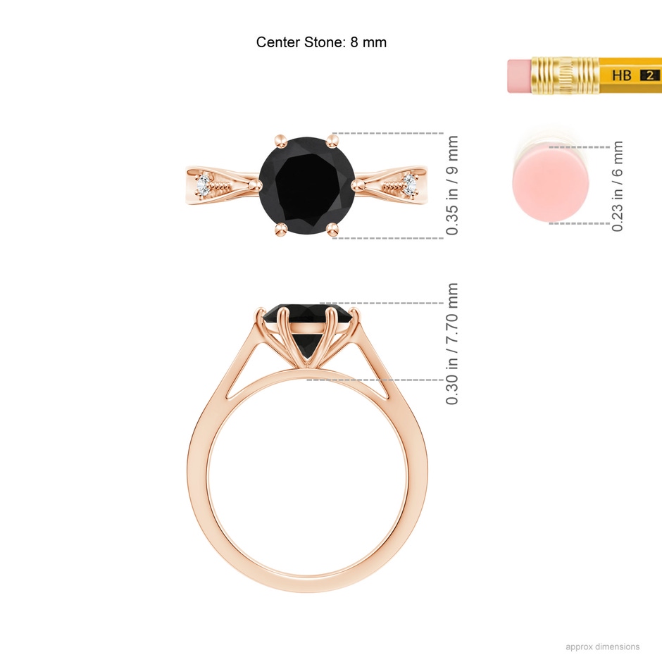8mm AAA Tapered Shank Black Onyx Solitaire Ring with Diamonds in Rose Gold ruler