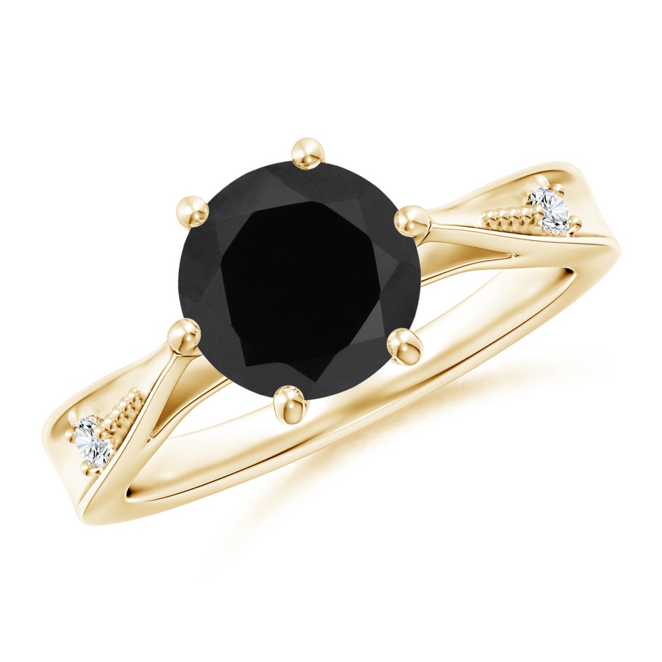 8mm AAA Tapered Shank Black Onyx Solitaire Ring with Diamonds in Yellow Gold 