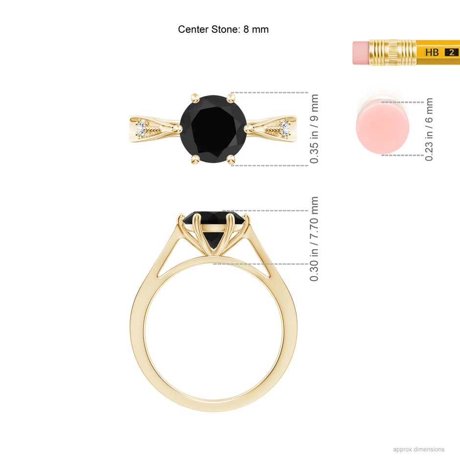 8mm AAA Tapered Shank Black Onyx Solitaire Ring with Diamonds in Yellow Gold ruler