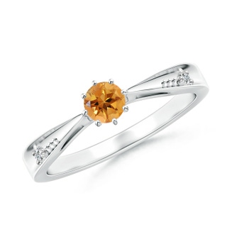 4mm AA Tapered Shank Citrine Solitaire Ring with Diamonds in White Gold