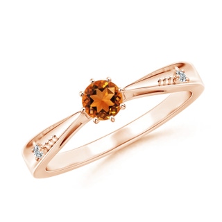 4mm AAAA Tapered Shank Citrine Solitaire Ring with Diamonds in 9K Rose Gold