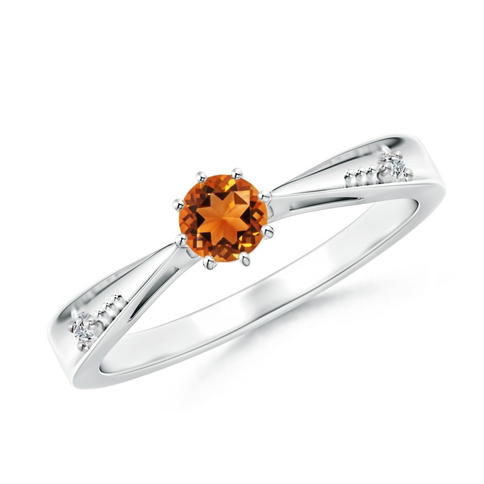 4mm AAAA Tapered Shank Citrine Solitaire Ring with Diamonds in White Gold