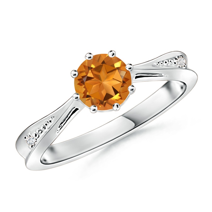 6mm AAA Tapered Shank Citrine Solitaire Ring with Diamonds in White Gold