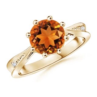 8mm AAAA Tapered Shank Citrine Solitaire Ring with Diamonds in 9K Yellow Gold