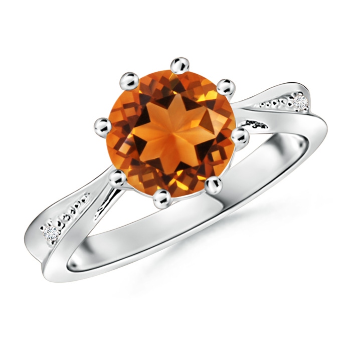 8mm AAAA Tapered Shank Citrine Solitaire Ring with Diamonds in P950 Platinum