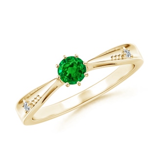 4mm AAAA Tapered Shank Emerald Solitaire Ring with Diamonds in Yellow Gold