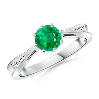 6mm AAA Tapered Shank Emerald Solitaire Ring with Diamonds in White Gold