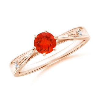 5mm AAAA Tapered Shank Fire Opal Solitaire Ring with Diamonds in Rose Gold