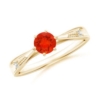 5mm AAAA Tapered Shank Fire Opal Solitaire Ring with Diamonds in Yellow Gold