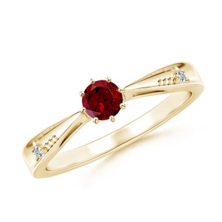 4mm AAA Tapered Shank Garnet Solitaire Ring with Diamonds in Yellow Gold