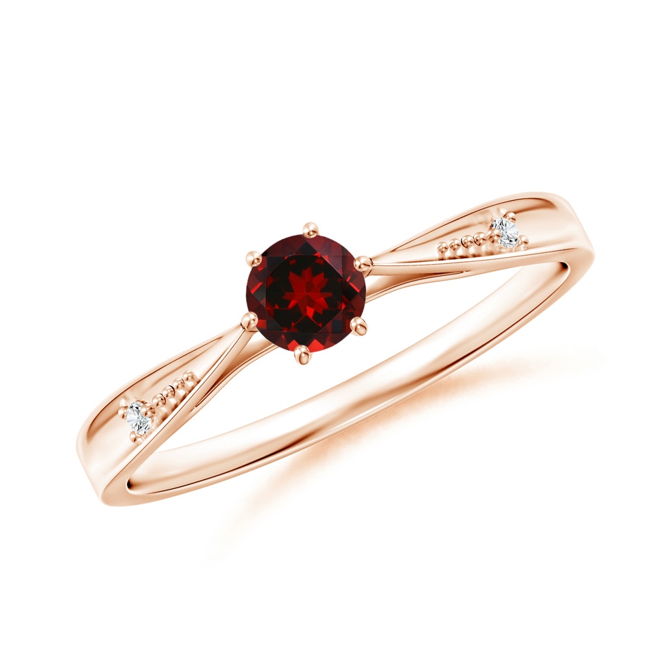 4mm AAAA Tapered Shank Garnet Solitaire Ring with Diamonds in Rose Gold 