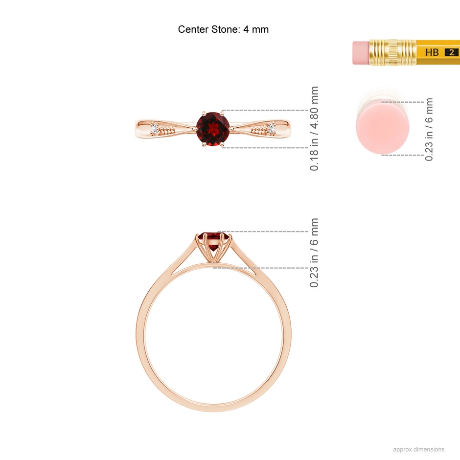 4mm AAAA Tapered Shank Garnet Solitaire Ring with Diamonds in Rose Gold ruler