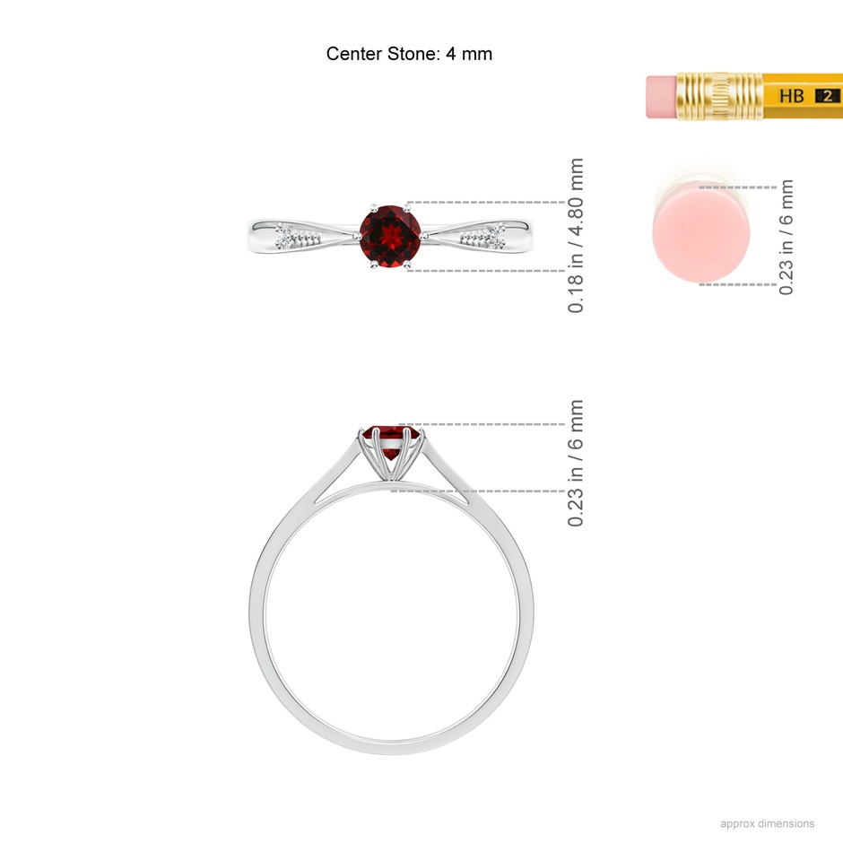 4mm AAAA Tapered Shank Garnet Solitaire Ring with Diamonds in S999 Silver ruler