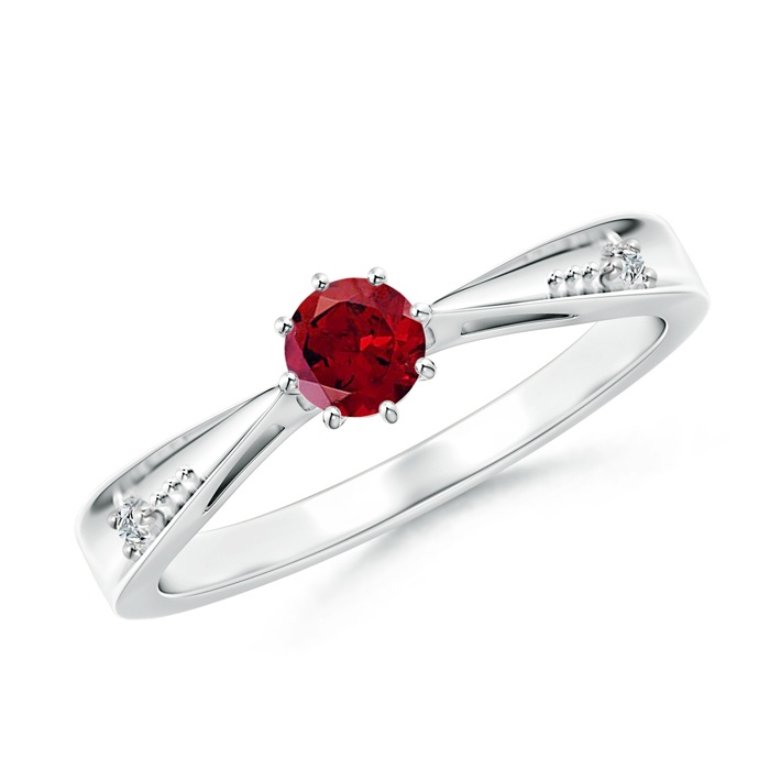 4mm AAAA Tapered Shank Garnet Solitaire Ring with Diamonds in White Gold 