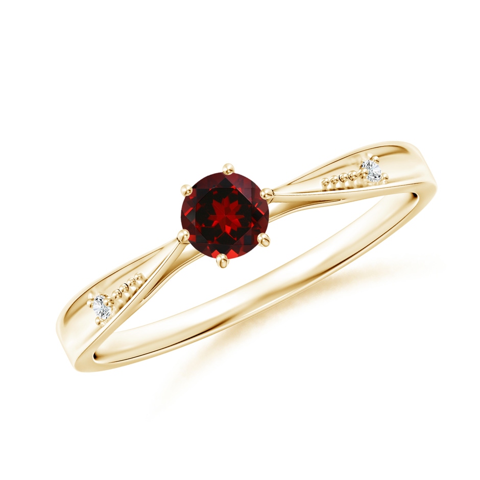 4mm AAAA Tapered Shank Garnet Solitaire Ring with Diamonds in Yellow Gold 