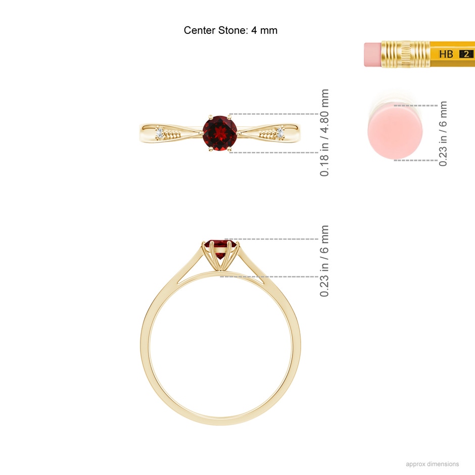 4mm AAAA Tapered Shank Garnet Solitaire Ring with Diamonds in Yellow Gold ruler
