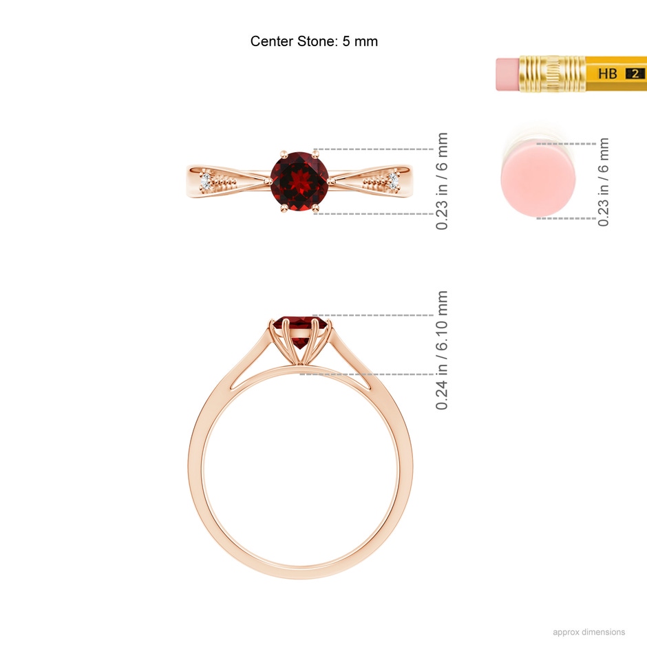 5mm AAAA Tapered Shank Garnet Solitaire Ring with Diamonds in Rose Gold ruler