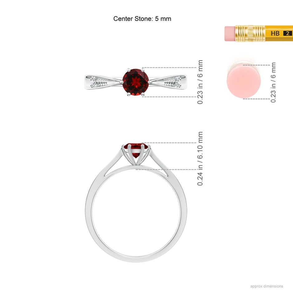 5mm AAAA Tapered Shank Garnet Solitaire Ring with Diamonds in White Gold ruler