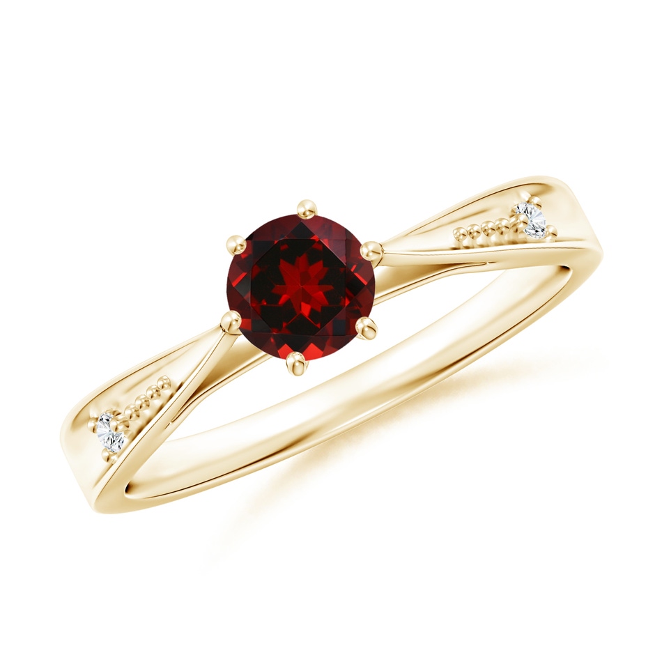 5mm AAAA Tapered Shank Garnet Solitaire Ring with Diamonds in Yellow Gold 