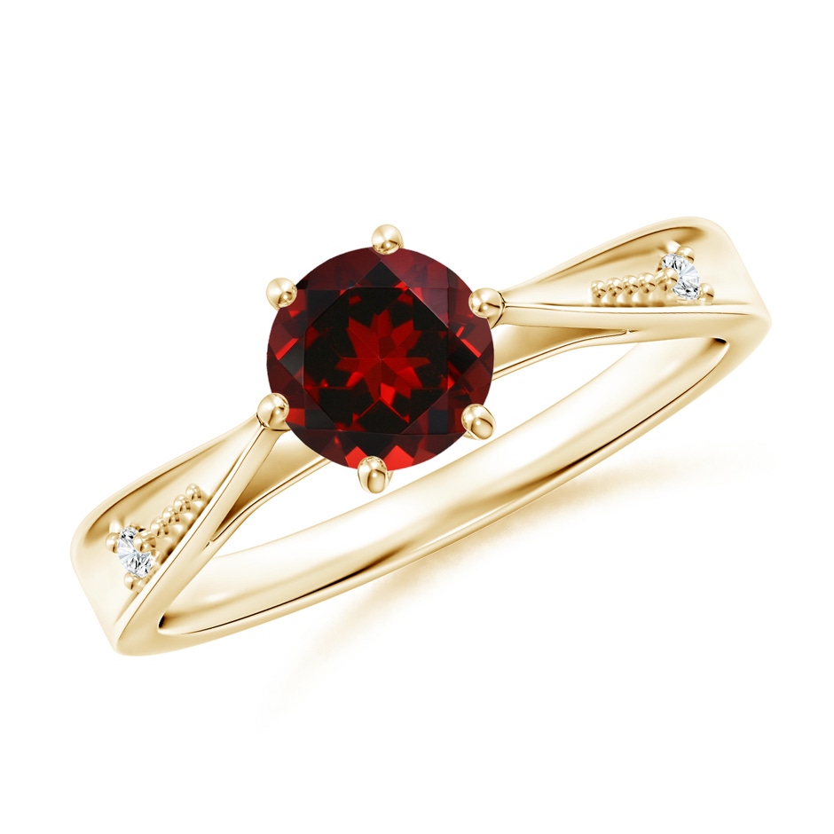 6mm AAAA Tapered Shank Garnet Solitaire Ring with Diamonds in Yellow Gold 