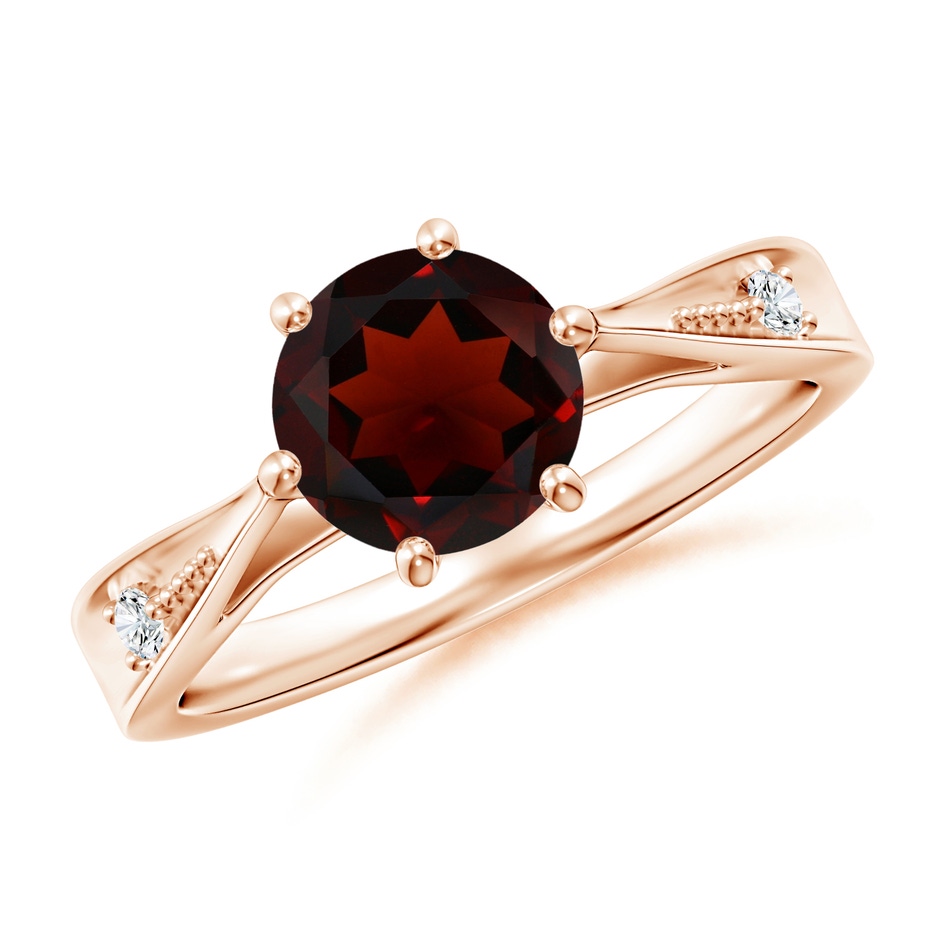 7mm AA Tapered Shank Garnet Solitaire Ring with Diamonds in Rose Gold 