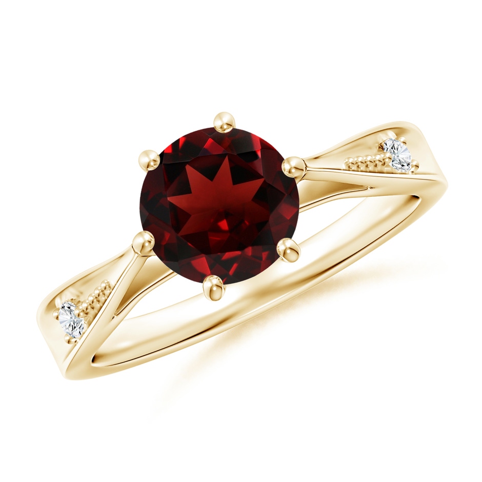 7mm AAA Tapered Shank Garnet Solitaire Ring with Diamonds in Yellow Gold 