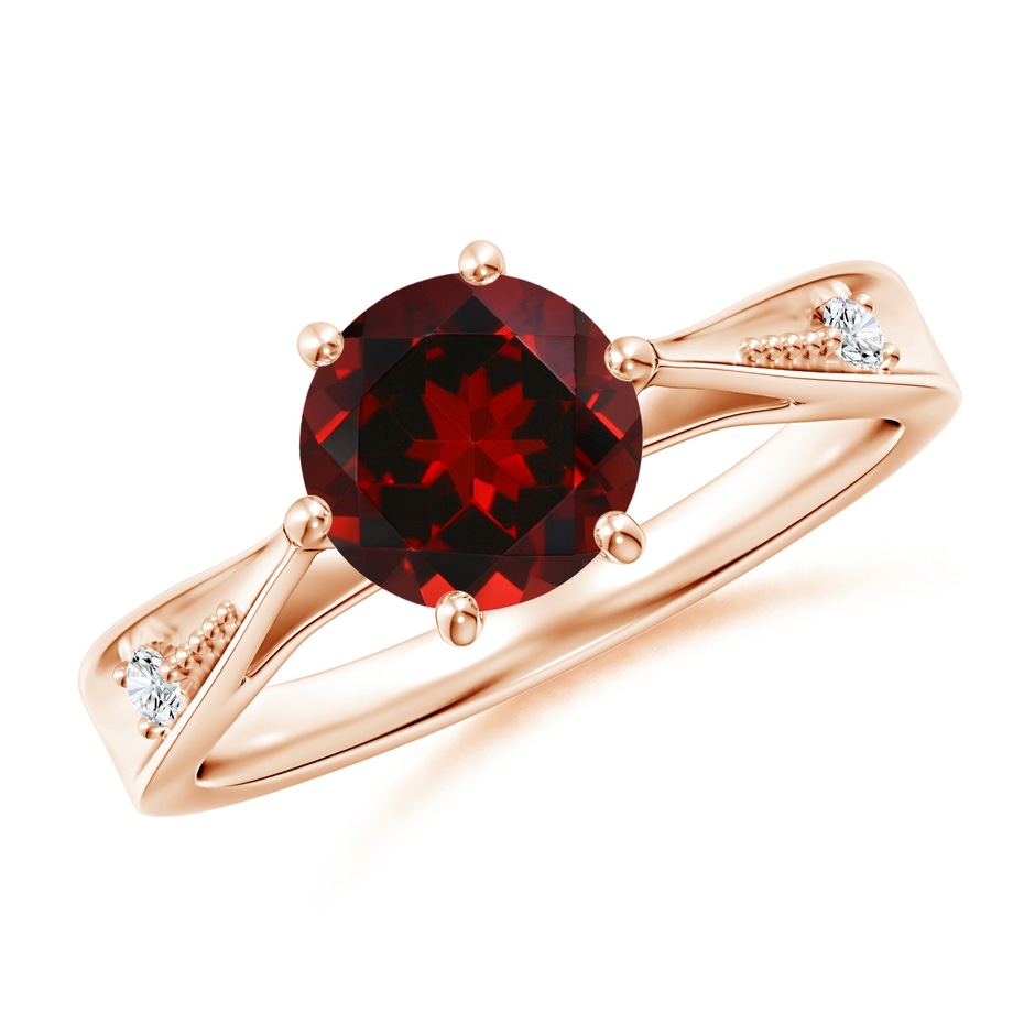 7mm AAAA Tapered Shank Garnet Solitaire Ring with Diamonds in Rose Gold 