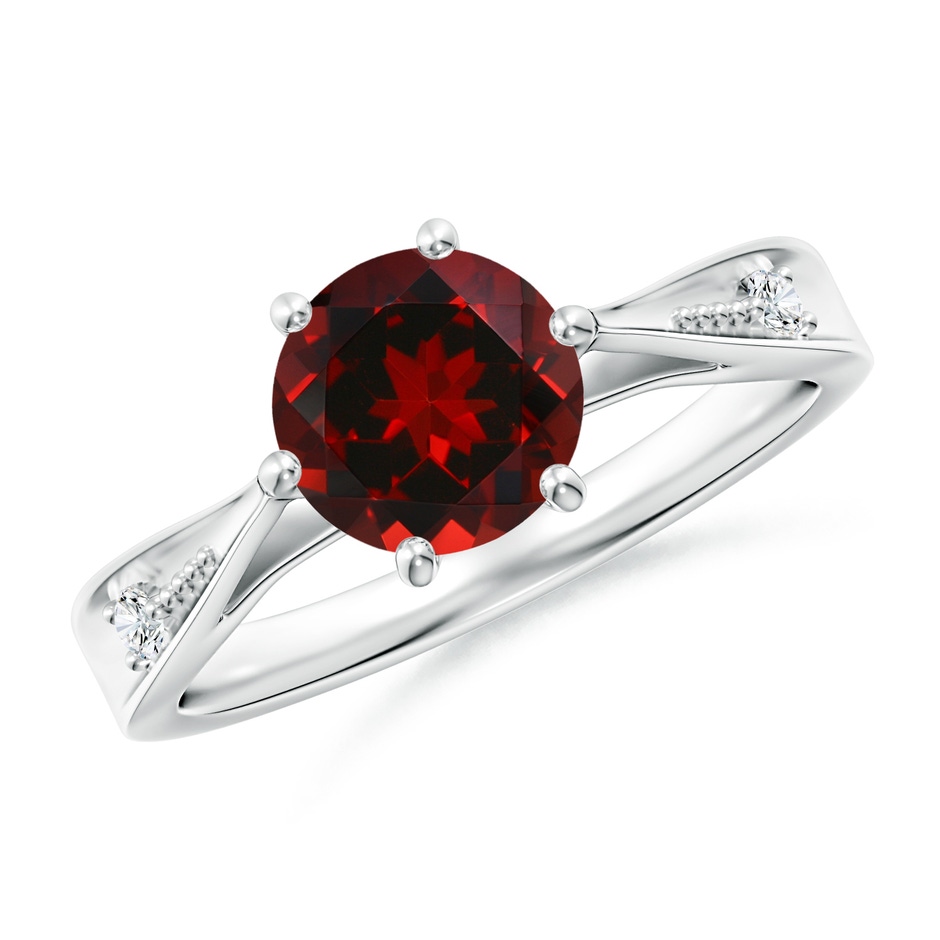 7mm AAAA Tapered Shank Garnet Solitaire Ring with Diamonds in White Gold 