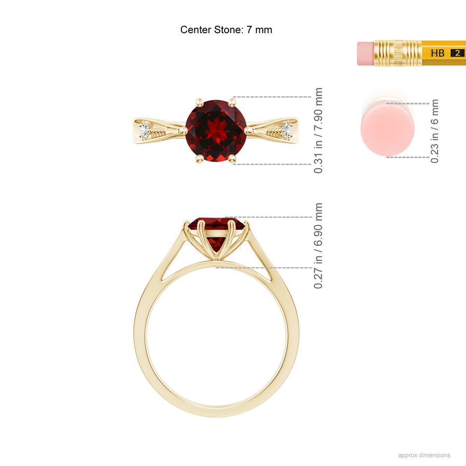 7mm AAAA Tapered Shank Garnet Solitaire Ring with Diamonds in Yellow Gold ruler