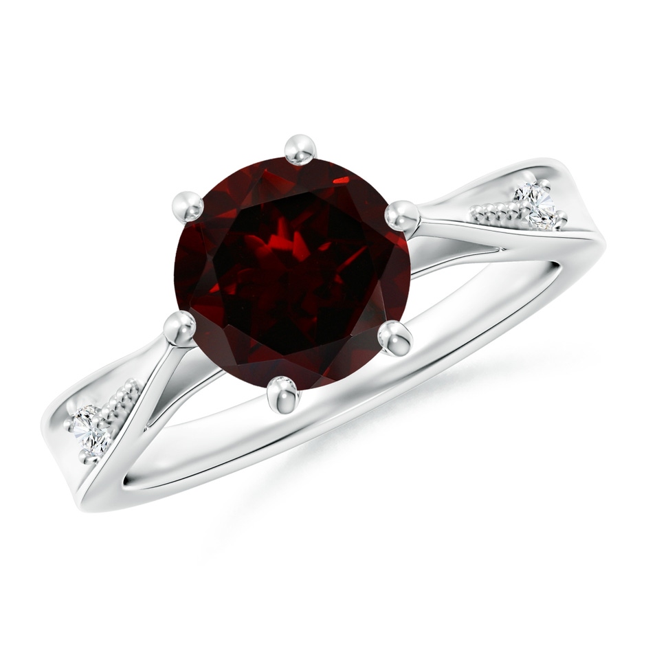 8mm A Tapered Shank Garnet Solitaire Ring with Diamonds in 18K White Gold 