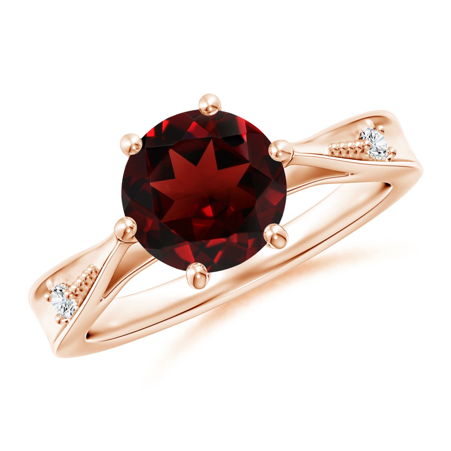 8mm AAA Tapered Shank Garnet Solitaire Ring with Diamonds in Rose Gold
