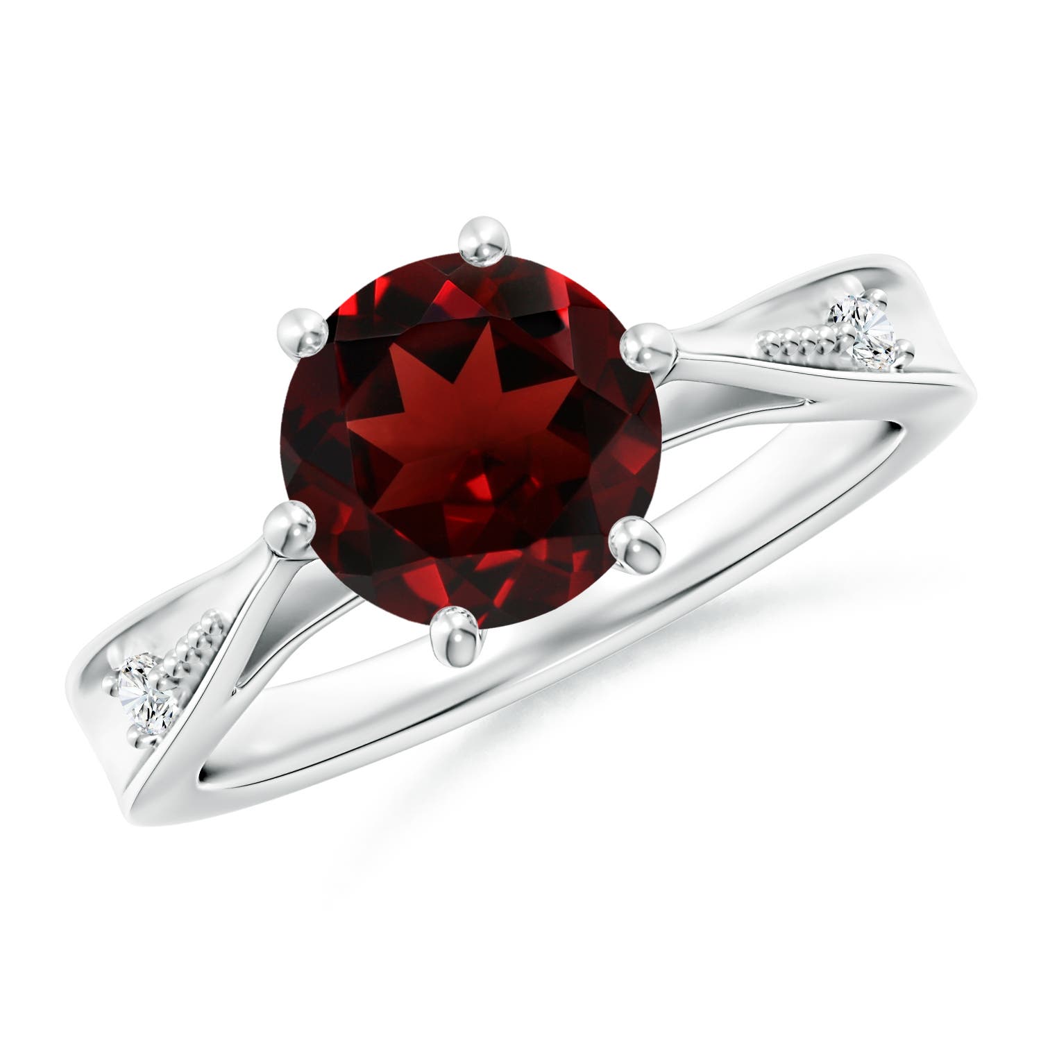8mm AAA Tapered Shank Garnet Solitaire Ring with Diamonds in White Gold