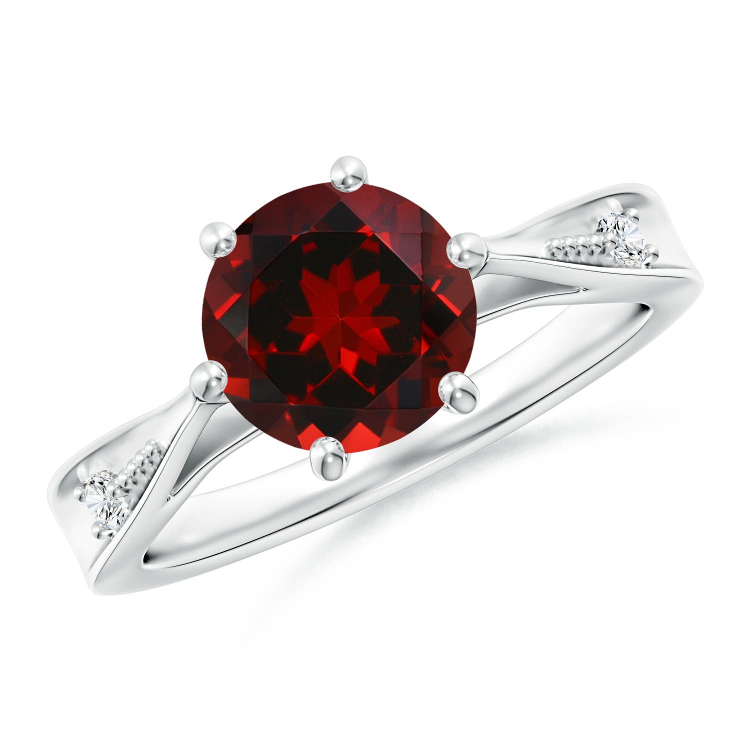 8mm AAAA Tapered Shank Garnet Solitaire Ring with Diamonds in White Gold