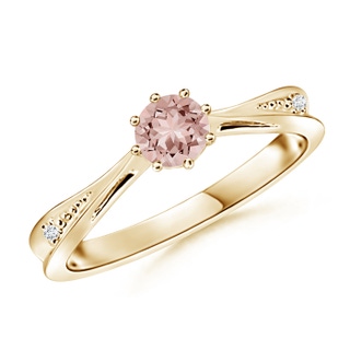 5mm AAAA Tapered Shank Morganite Solitaire Ring with Diamonds in Yellow Gold