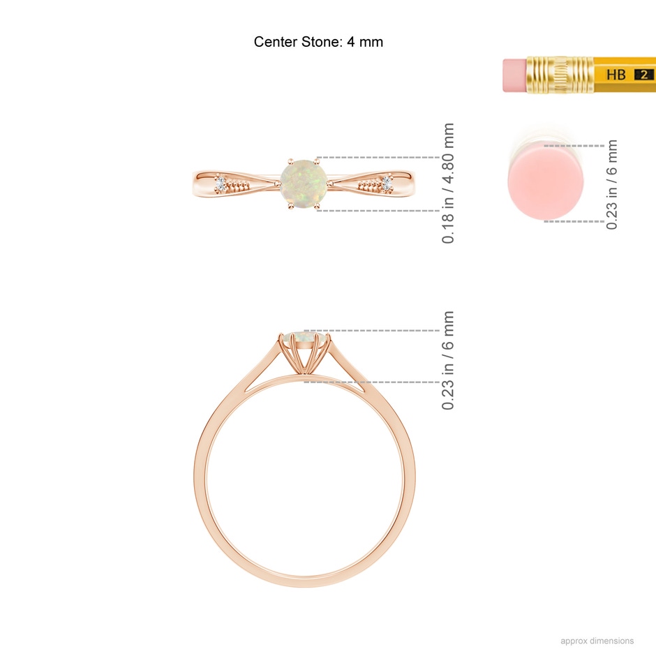4mm AAA Tapered Shank Opal Solitaire Ring with Diamonds in Rose Gold ruler
