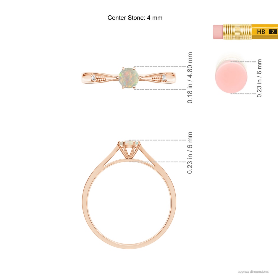4mm AAAA Tapered Shank Opal Solitaire Ring with Diamonds in Rose Gold ruler