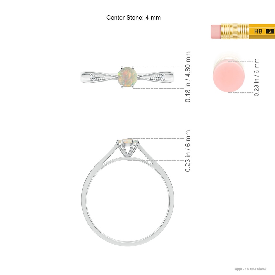 4mm AAAA Tapered Shank Opal Solitaire Ring with Diamonds in White Gold ruler