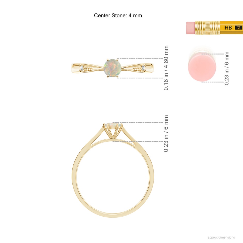 4mm AAAA Tapered Shank Opal Solitaire Ring with Diamonds in Yellow Gold ruler