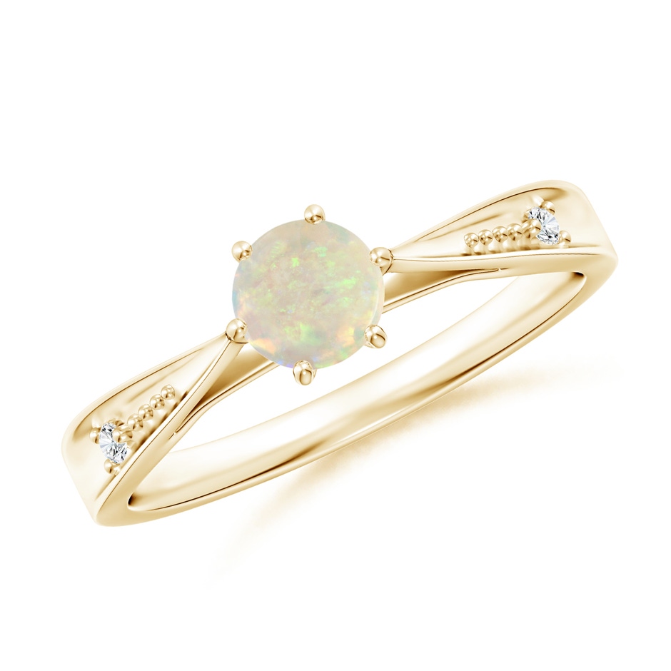 5mm AAA Tapered Shank Opal Solitaire Ring with Diamonds in Yellow Gold 