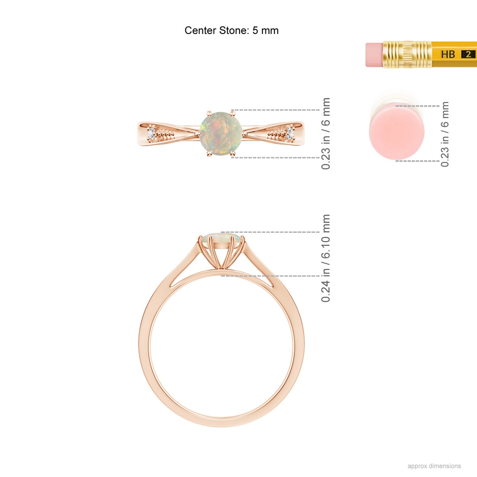 5mm AAAA Tapered Shank Opal Solitaire Ring with Diamonds in Rose Gold ruler