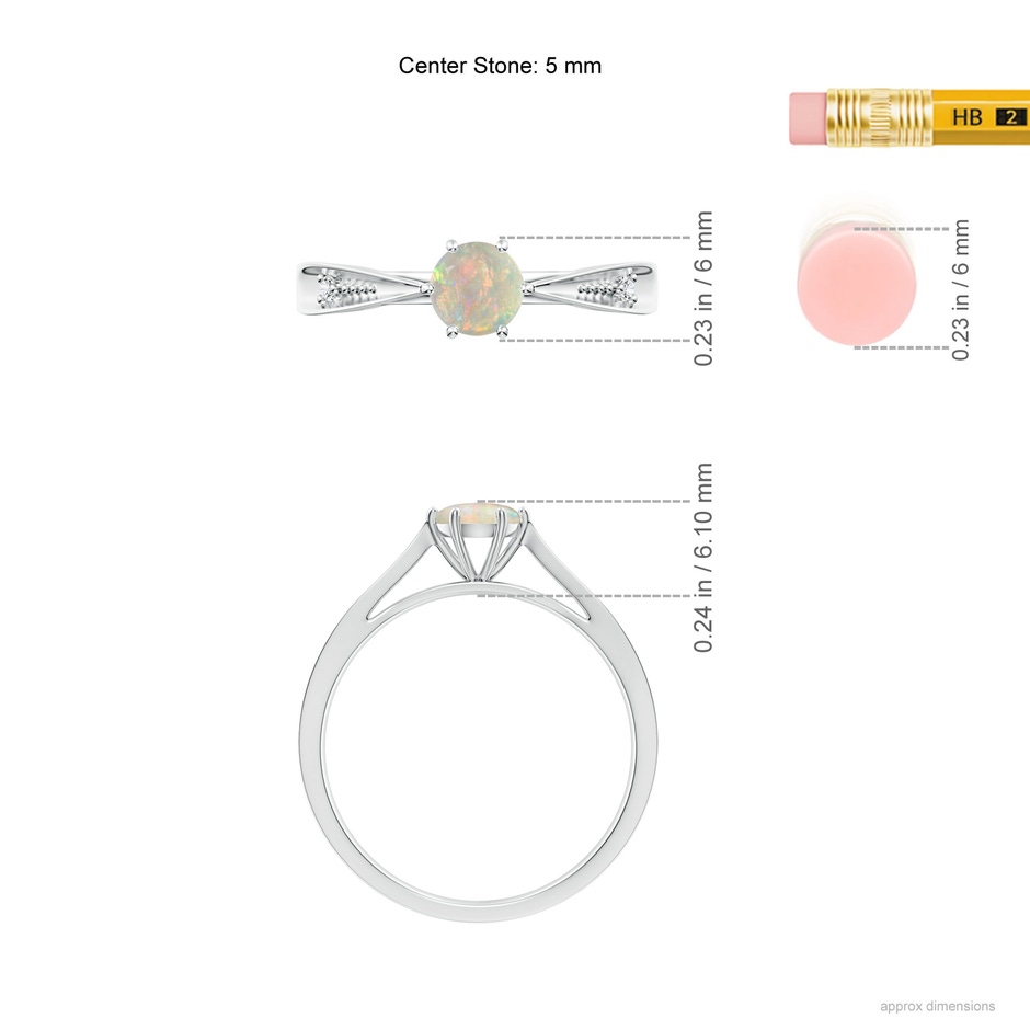 5mm AAAA Tapered Shank Opal Solitaire Ring with Diamonds in White Gold ruler