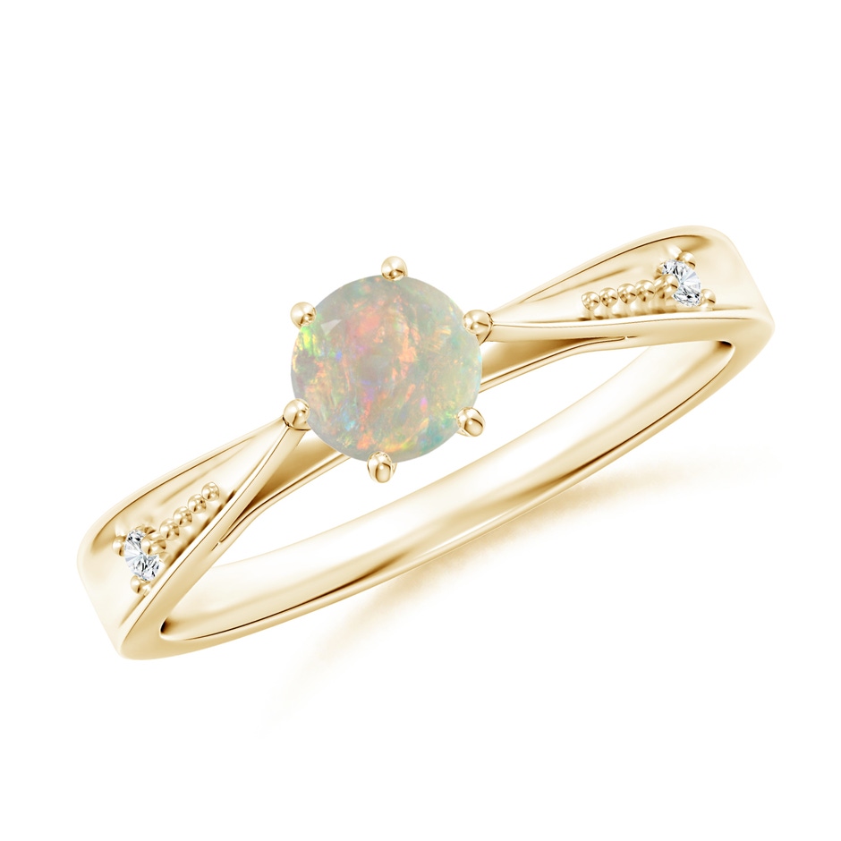 5mm AAAA Tapered Shank Opal Solitaire Ring with Diamonds in Yellow Gold 