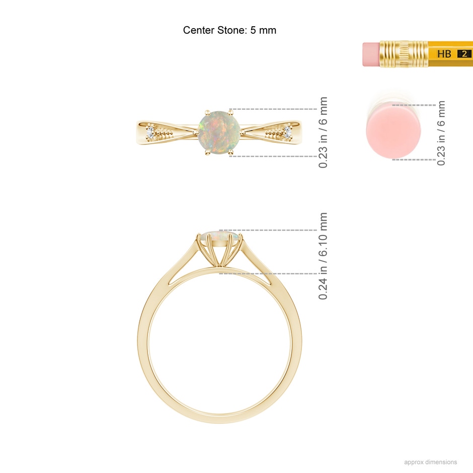 5mm AAAA Tapered Shank Opal Solitaire Ring with Diamonds in Yellow Gold ruler