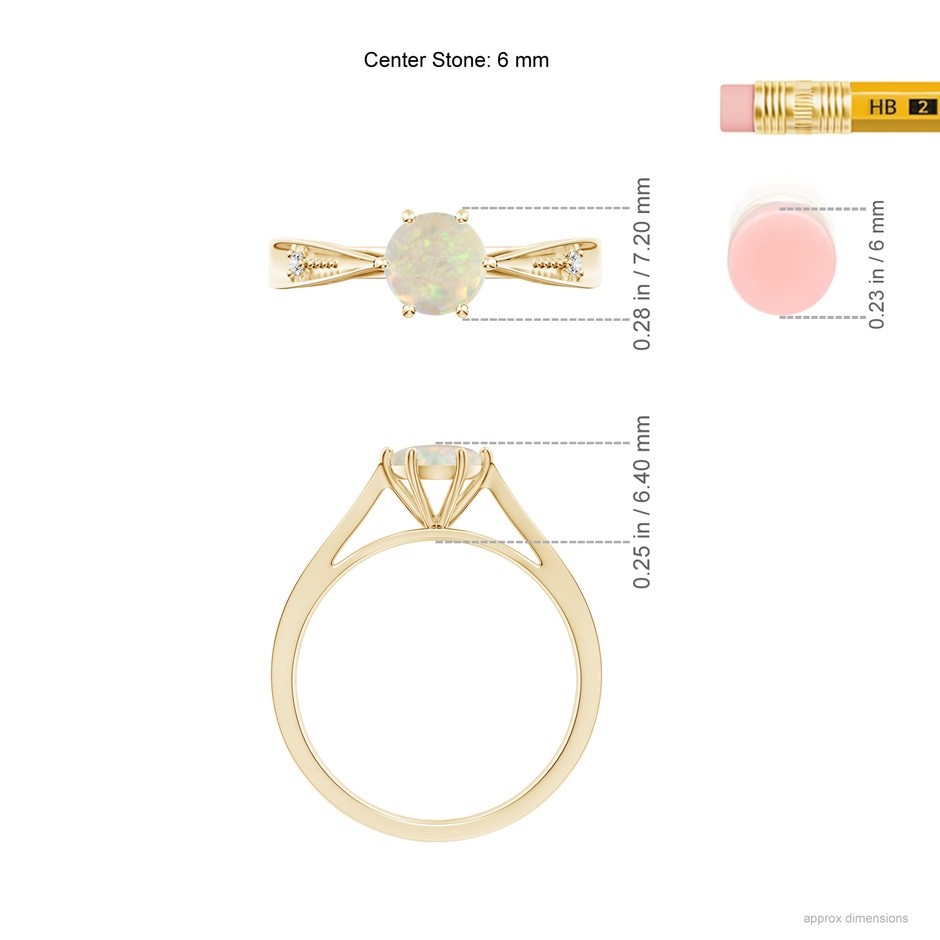 6mm AAA Tapered Shank Opal Solitaire Ring with Diamonds in Yellow Gold ruler
