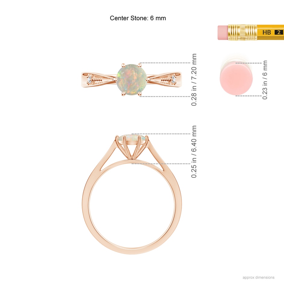 6mm AAAA Tapered Shank Opal Solitaire Ring with Diamonds in Rose Gold ruler