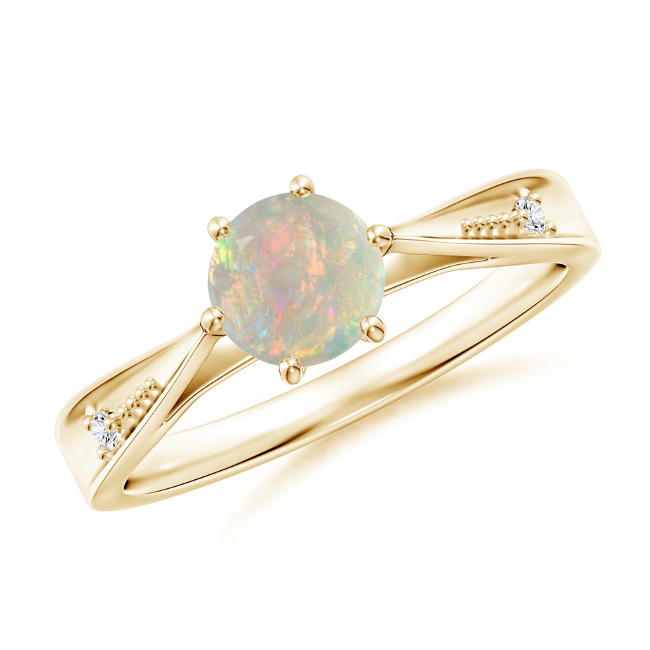6mm AAAA Tapered Shank Opal Solitaire Ring with Diamonds in Yellow Gold 