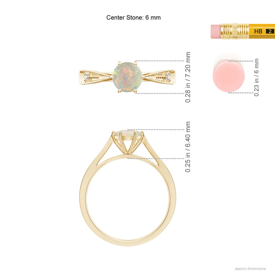 6mm AAAA Tapered Shank Opal Solitaire Ring with Diamonds in Yellow Gold ruler